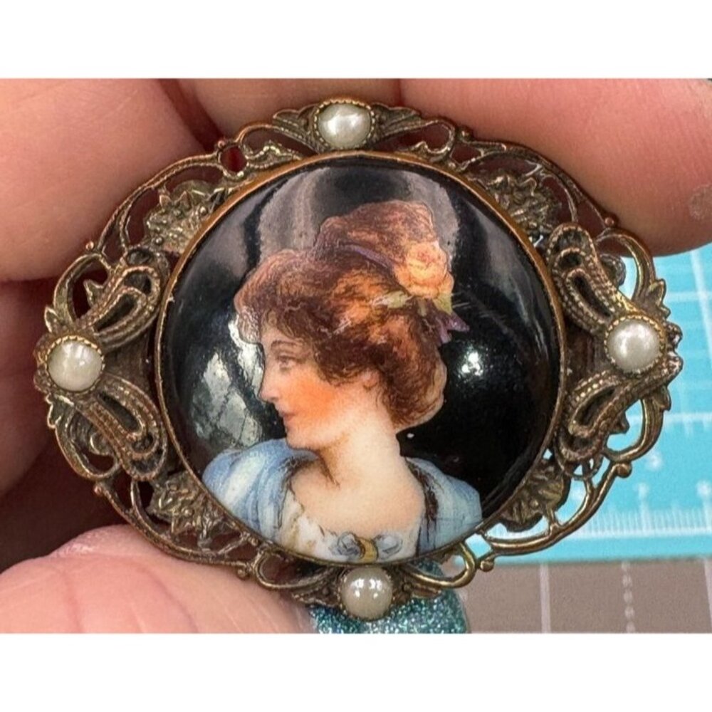 Victorian Horizontal Maiden Portrait Painted on Porcelain  Brass Bezel Setting